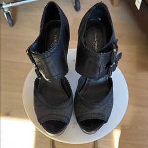 Halogen Black Peep-Toe Lyndon Heels with Bold Buckle